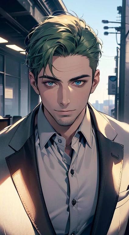 (best quality,4k,8k,highres,masterpiece:1.2),ultra-detailed,(realistic,photorealistic,photo-realistic:1.37),1 man,31 years old,mature man,very handsome,without expression,smile,short green hair,blue eyes,penetrating gaze,perfect face without errors,imposing posture,businessman,office background,cinematic lighting,hdr image