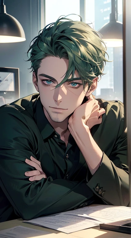 (best quality,4k,8k,highres,masterpiece:1.2),ultra-detailed,(realistic,photorealistic,photo-realistic:1.37),1 man,31 years old,mature man,very handsome,without expression,smile,short green hair,blue eyes,penetrating gaze,perfect face without errors,imposing posture,businessman,office background,cinematic lighting,hdr image
