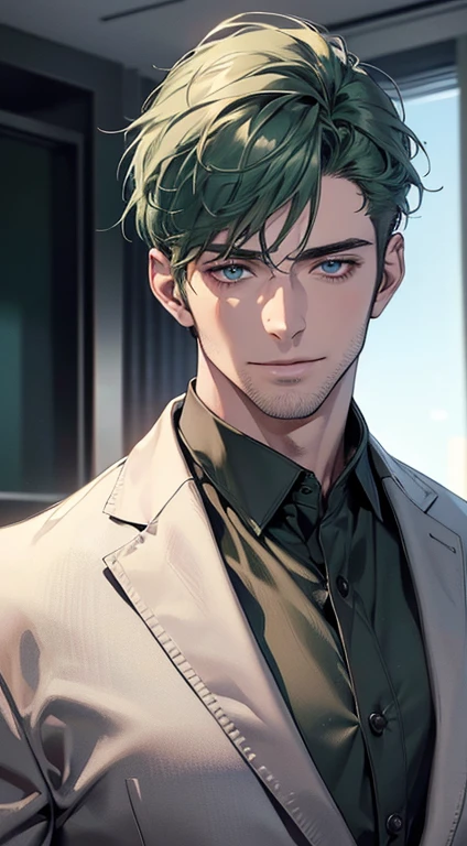 (best quality,4k,8k,highres,masterpiece:1.2),ultra-detailed,(realistic,photorealistic,photo-realistic:1.37),1 man,31 years old,mature man,very handsome,without expression,smile,short green hair,blue eyes,penetrating gaze,perfect face without errors,imposing posture,businessman,office background,cinematic lighting,hdr image