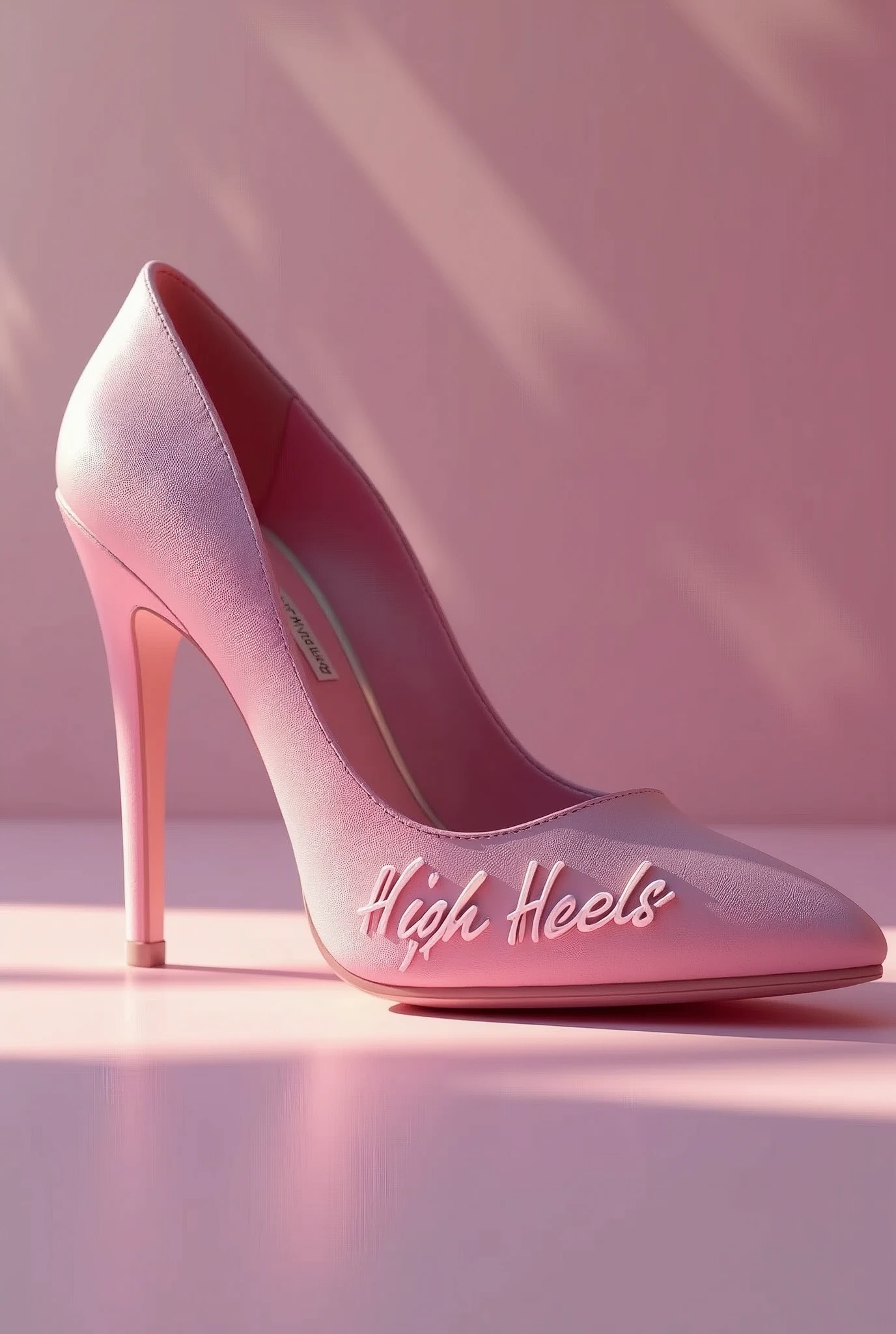 the words "High Heels" in white on softly embedded on a single pink high heel, stylish, street fashion, typography, conceptual art, 3d render, fashion, cinematic, photo, product, ambience light