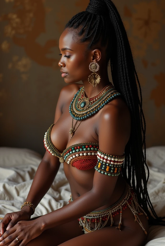 k, RAW photo, best quality, masterpiece: 1.45), (realistic, photo-realistic:1.37) sunlight, professional illumination, high detailed skin, dark skinned man tribal woman, portrait, frontal view, standing, face paints, full body, massive pubic hair