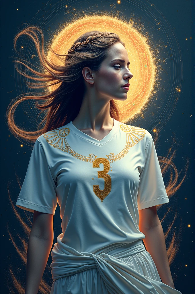 Make a soccer team shirt with a little goddess printed on the shirt and the number 3 in the center