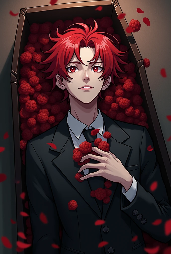 a red-haired and white-haired male character dead in a coffin