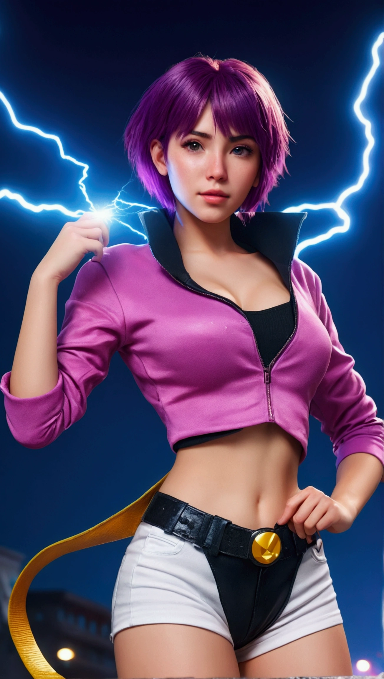 (at night), alone, in a video game scene a background of a beautiful city during the day raining, standing at attention, purple hair, lightning behind her, lightning coming out of her hand ((purple hair)), 1 girl, alone, 20 years old, young woman, perfect hands, beautiful and perfect fingers, long beautiful legs, perfect legs, beautiful body, beautiful nose, beautiful character design, perfect face, look at the viewer with a serious gesture and in a standing position attack (focusing on his face), closed mouth, Light_Smile, official art, extremely detailed CG unity 8k wallpaper, perfect lighting, bright and colorful front lighting, glowing skin (masterpiece: 1.0), (best_quality: 1.0), resolution ultra high, 4K, ultra detailed photography, 8K, HDR, high resolution, nonsense: 1.2, Kodak portra 400, film grain, blurred background, bokeh: 1.2, lens flare, (vibrant_color:1.2), professional photography, (beautiful_face : 1.5), (narrow waist),

