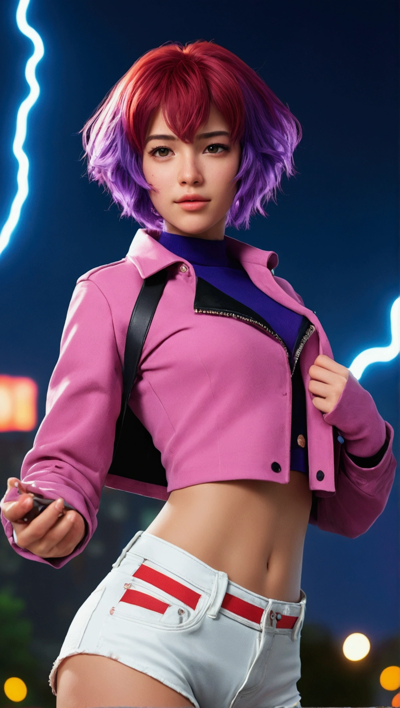(at night), alone, in a video game scene a background of a beautiful city during the day raining, standing at attention, purple hair, lightning behind her, lightning coming out of her hand ((purple hair)), 1 girl, alone, 20 years old, young woman, perfect hands, beautiful and perfect fingers, long beautiful legs, perfect legs, beautiful body, beautiful nose, beautiful character design, perfect face, look at the viewer with a serious gesture and in a standing position attack (focusing on his face), closed mouth, Light_Smile, official art, extremely detailed CG unity 8k wallpaper, perfect lighting, bright and colorful front lighting, glowing skin (masterpiece: 1.0), (best_quality: 1.0), resolution ultra high, 4K, ultra detailed photography, 8K, HDR, high resolution, nonsense: 1.2, Kodak portra 400, film grain, blurred background, bokeh: 1.2, lens flare, (vibrant_color:1.2), professional photography, (beautiful_face : 1.5), (narrow waist),