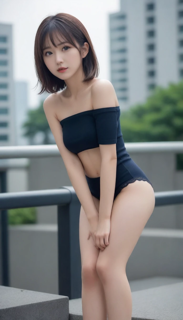 8k, photo realistic, Scores 9, 8, 7, 6, full-body portrait, detailed, very sharp, vivid, solo, Tokyo street,  high heel, very long legs, small face, tall, beautiful eyes, beautiful thighs, lingerie,  short hair,  front low view,  (((low angle:1.5))), beautiful medium breasts, slender,  the most beautiful woman, double eyelid, beautiful japanese woman, 25 yo, slim beautiful legs,sit on guardrail, off_sholders, show off pantie, show thighs, look down viewer,