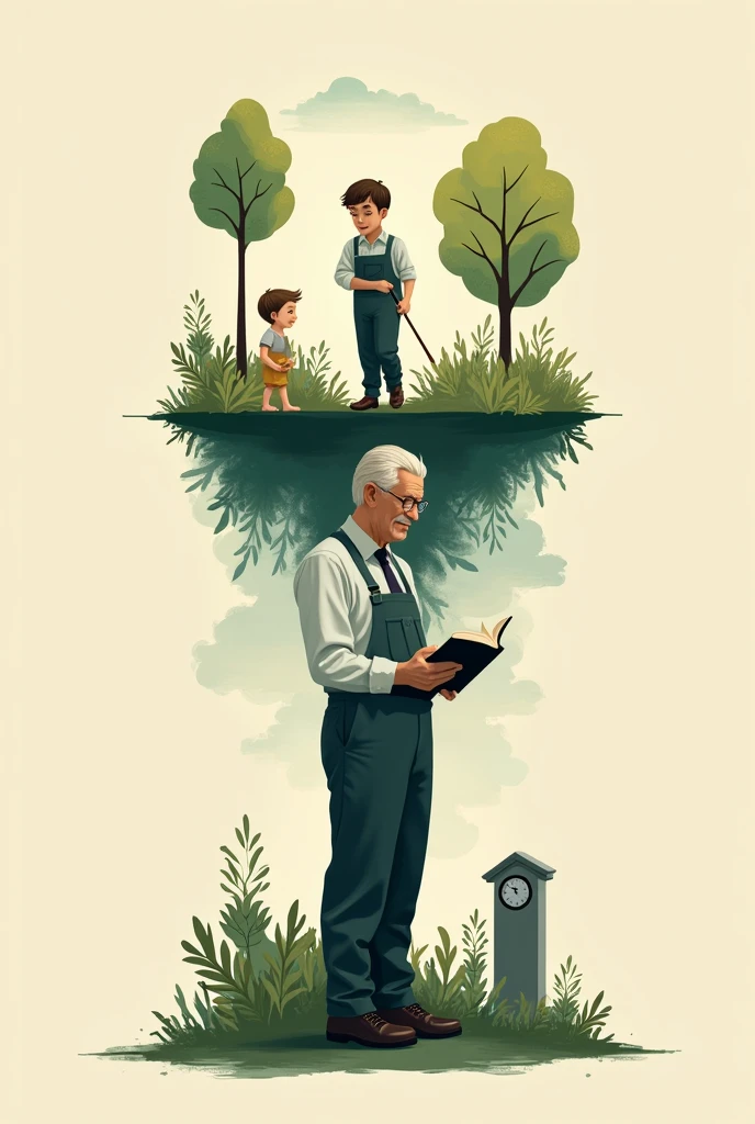It generates the image of the death of a man over time But in the way that the human being grows from a child playing in a garden then below the image an adult in a work uniform below the image an old man reading a book and below the image a tombstone that represents death and a clock in the background
