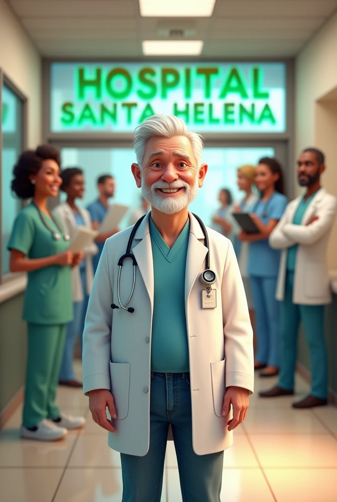 Create the image of a man of average height, medium body, 80 years old with a short white beard, friendly face and doctor's dress with light blue dress shirt and jeans underneath the lab coat. In the background of the image, a medical center with the name Hospital Santa Helena should appear in green and red.. The man must be surrounded by health and hygiene professionals with dark and white skin tones.. The image must be in Disney or Pixar layout.