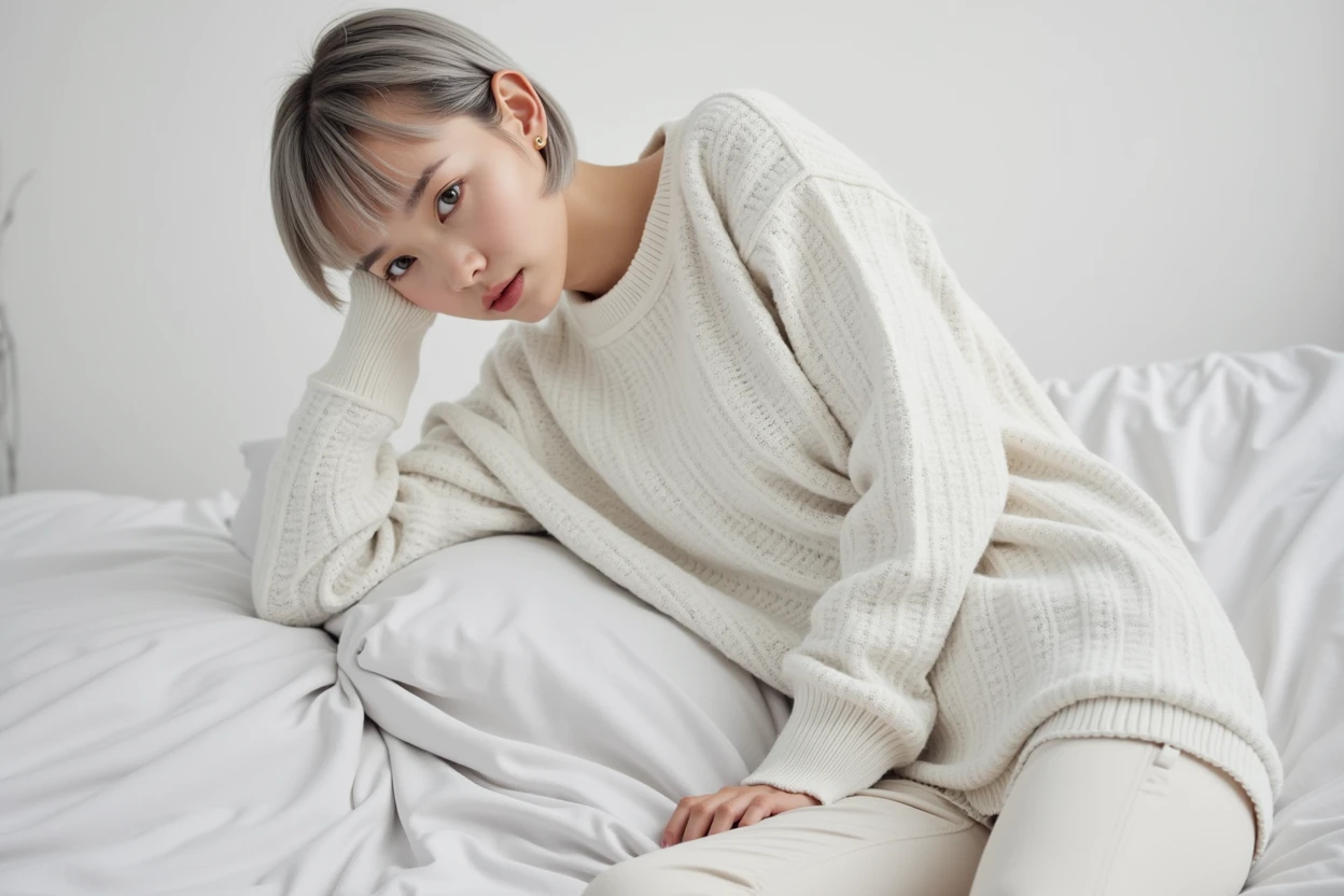 (RAW photo, best quality, masterpiece: 1.2), (photorealistic: 1.4), best lighting, 20 years old, (detail face, detail eyes, light gray eyes, light gray hair, short straight bob cut, Symmetrical eyes, huge breasts :1.3)