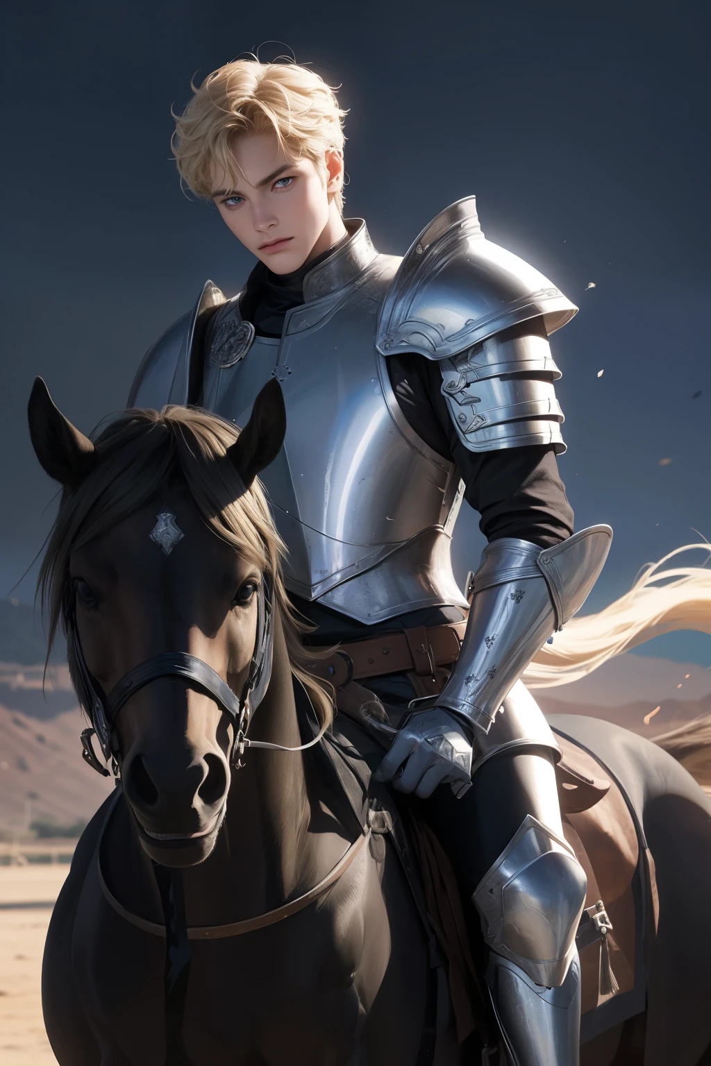 boy, in armor, Blonde curly , short hair, blue eyes, serious, on a black horse. Zabnii background from 
