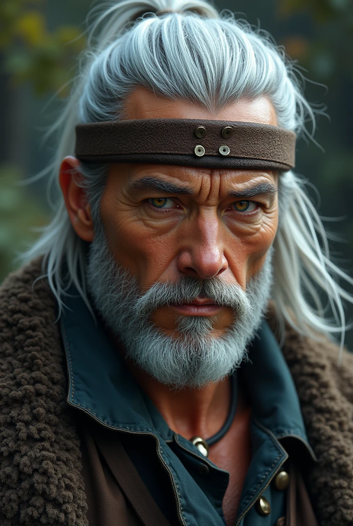 A tall 20 years old handsome man with long, silver-white hair  that is being held back by a leather band that accentuated the strong boning in his face. Silver stubble dusted the bottom half of his face, adding an air of aloofness to him. He had a strong, chiseled jaw with a nose that was slightly bent out of shape, like it had been broken and reset one too many times. He was the palest. His strong jaw was clenched, and his bright, golden eyes were beautiful. He was muscular. Strong.