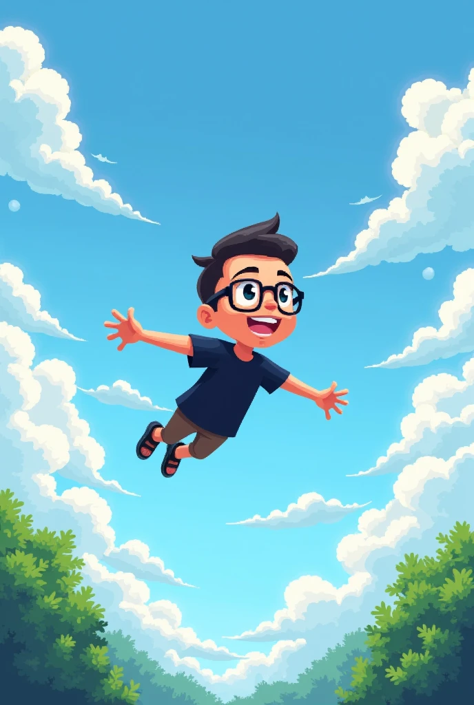 Create a pixel art boy who is flying in the blue sky with clouds and green trees below. This guy is wearing a black t-shirt and glasses. This guy has a short mustache and wears his hair shaved.. This boy has black eyes.