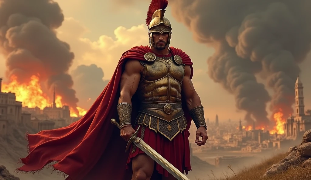 portrait photo of a spartan warrior holding a sword in a battle field, his red cape flowing in the wind, ruined city with fire and smoke in the background,