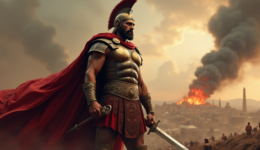 portrait photo of a spartan warrior holding a sword in a battle field, his red cape flowing in the wind, ruined city with fire and smoke in the background,