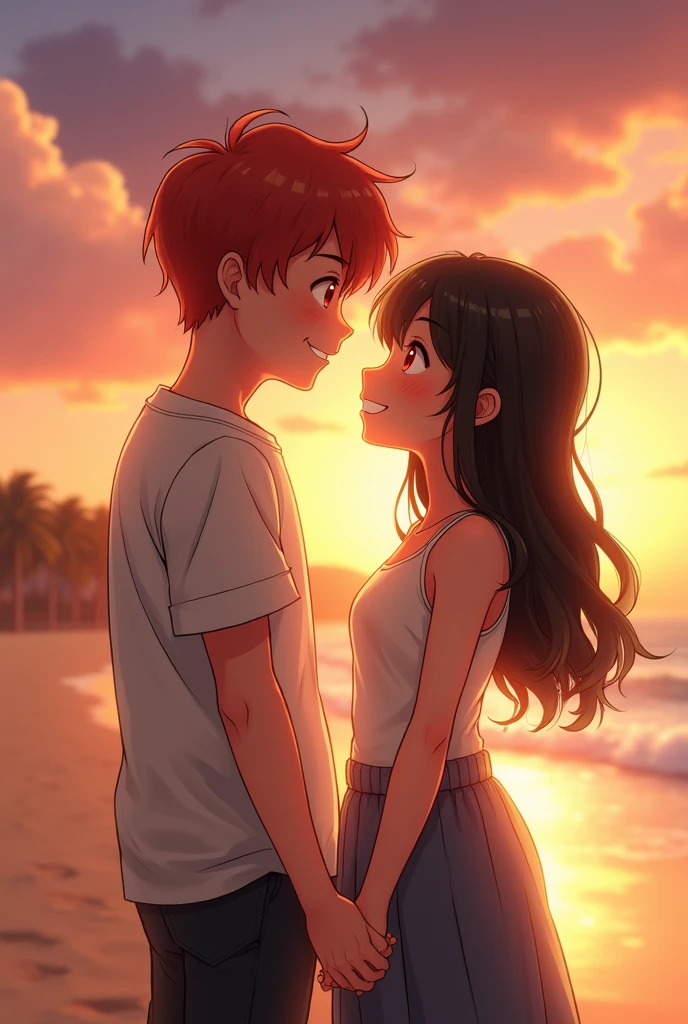 generates an image of a red-haired boy with a black-haired girl who is shorter than him and a little chubby (not so much) on the beach at sunset with their faces TOGETHER smiling at each other