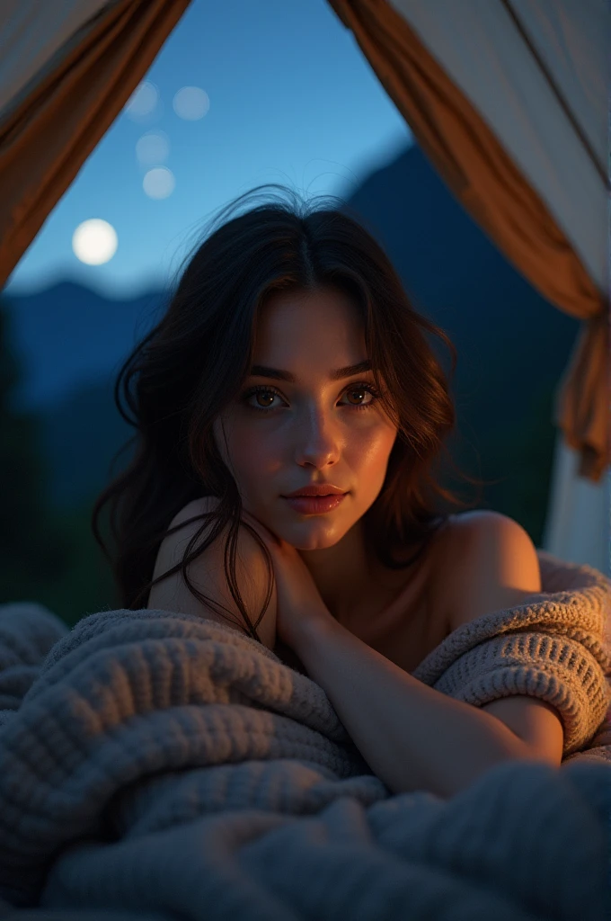Jolie belle brune européenne classe aux yeux dark brown, 22 ans, wavy hair, yeux dark brown,  taille, very detailed, visage innocent, longueur du visage 1.3 fois la largeur du visage, yeux en amande, Square face shape, pommettes saillantes, naturally wavy hair, dark brown, detailed eyes, Sourire charmant, perfectly fitted body, Extremely detailed, photo_\( Ultra\), photoRealistic, Realistic, Post-traitement, maximum details, roughness, vrai vie, UltraRealistic, Photorealism, la photographie, 8k, la photographie, ((selfie du haut du corps, heureux)), Filmer sous une tente, Beautiful backlight, Tente Signe Ouvert,chef-d&#39;artwork, best quality, Ultra-detailed, Seulement, exteriors, (la nuit), montagnes, nature, (star, la lune), Confortable dans un sac de couchage, Inside the tent, Quand tu ouvres la tente, You can see some beautiful riders outside.., boiss, formations de pierre, Rivers, bois, smoke, Shady, contraste, ciel clair, style analogique (regardant le spectateur:1.2) (Texture de la peau) (grain de film:1.3), Fermer, cinematic light, side lighting, Ultra-high resolutions, Meilleures ombres, ..BRUT, upper half body, porter un pull, Relaxed photos, Reality, ultrarealisme