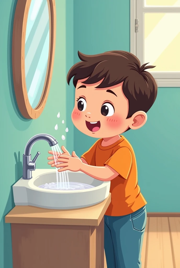 "Generates an image of a little boy, around 3 years, washing hands in a sink. The child should be using soap and water, with an expression of concentration and the scene should be colorful and cheerful, suitable for an educational presentation on hygiene."