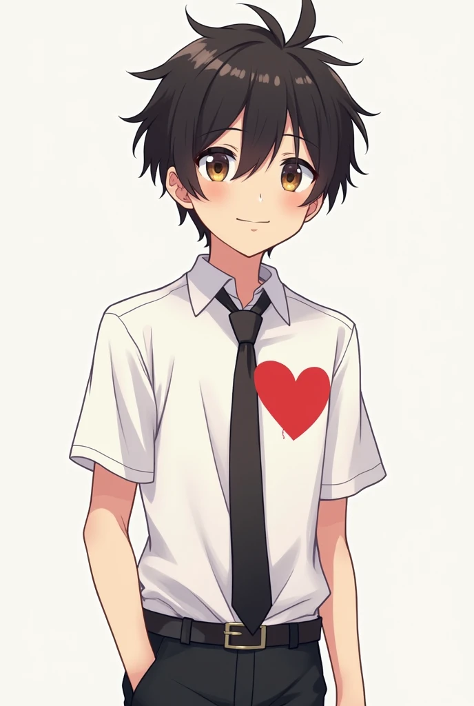 Boy with a white shirt without a tie and his heart figuratively shown and below is the phrase " Alighierino at Heart" in Spanish and not an anime boy