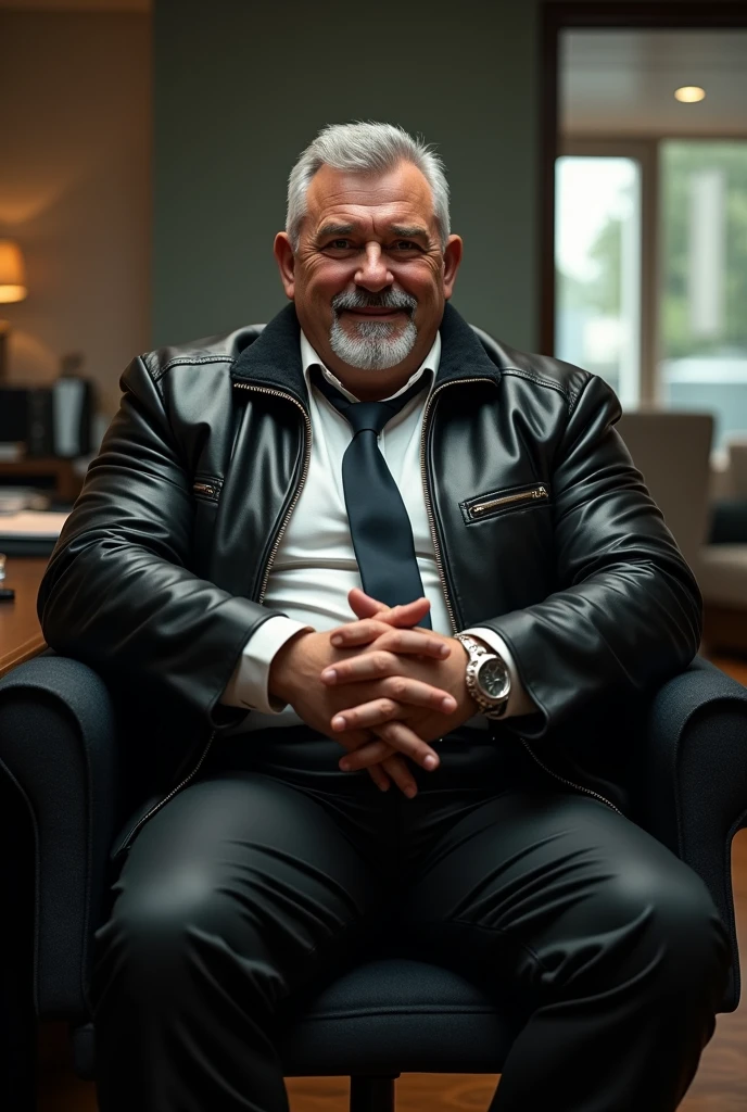 Hyper-realistic very attractive mature muscular handsome hunk white man, chunky, beefy, gentle and malicious smirk, thick legs, huge calves, sitting, full body, crossed arms, arms crossed, at office, grey short hair, well designed grey goatee, hyper-detailed background, cinematic, uhd, 8k, high resolution, perfect result, best quality, detailed work, wearing a black leather pants, a white shirt, a tie, a black leather jacket.