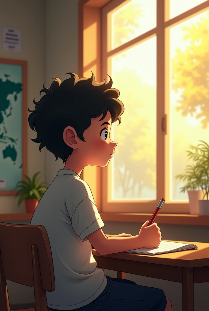 make a picture of a white boy, with wavy black hair , Sitting in a classroom. He is sitting near a large window looking outside., through which sunlight enters, creating a soft glow on your face. The boy stares out of the window, with a calm look The reflection of the sunlight in the window illuminates her face and highlights the texture of her slightly curly hair. The image is simple, just containing him with his chair and school desk organized and some walls decorated with schoolwork and maps. The scene conveys a moment of calm and introspection., with the sunlight adding a touch of serenity and calm to the moment.