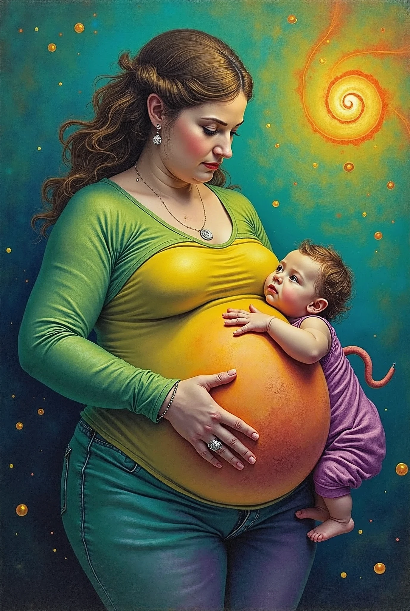 A very fat woman is on the left in the picture, on the right a baby. A spiral can be seen between the baby and the fat woman. It is a psychedelic image with green, blue, yellow, orange and violet as colors. It looks like painting