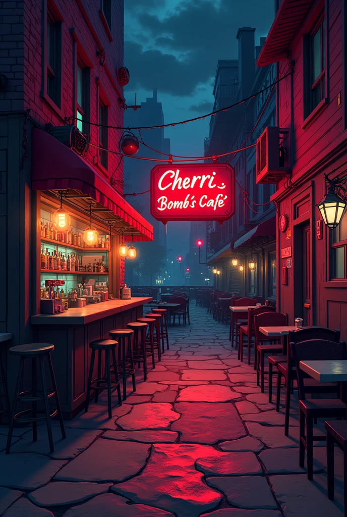 Infernal cozy horror empty café interior at hell, with chairs, tables and a bar coctel bar, cartoon animated in hell city, with a sign that says "Cherri Bomb's Cafe"