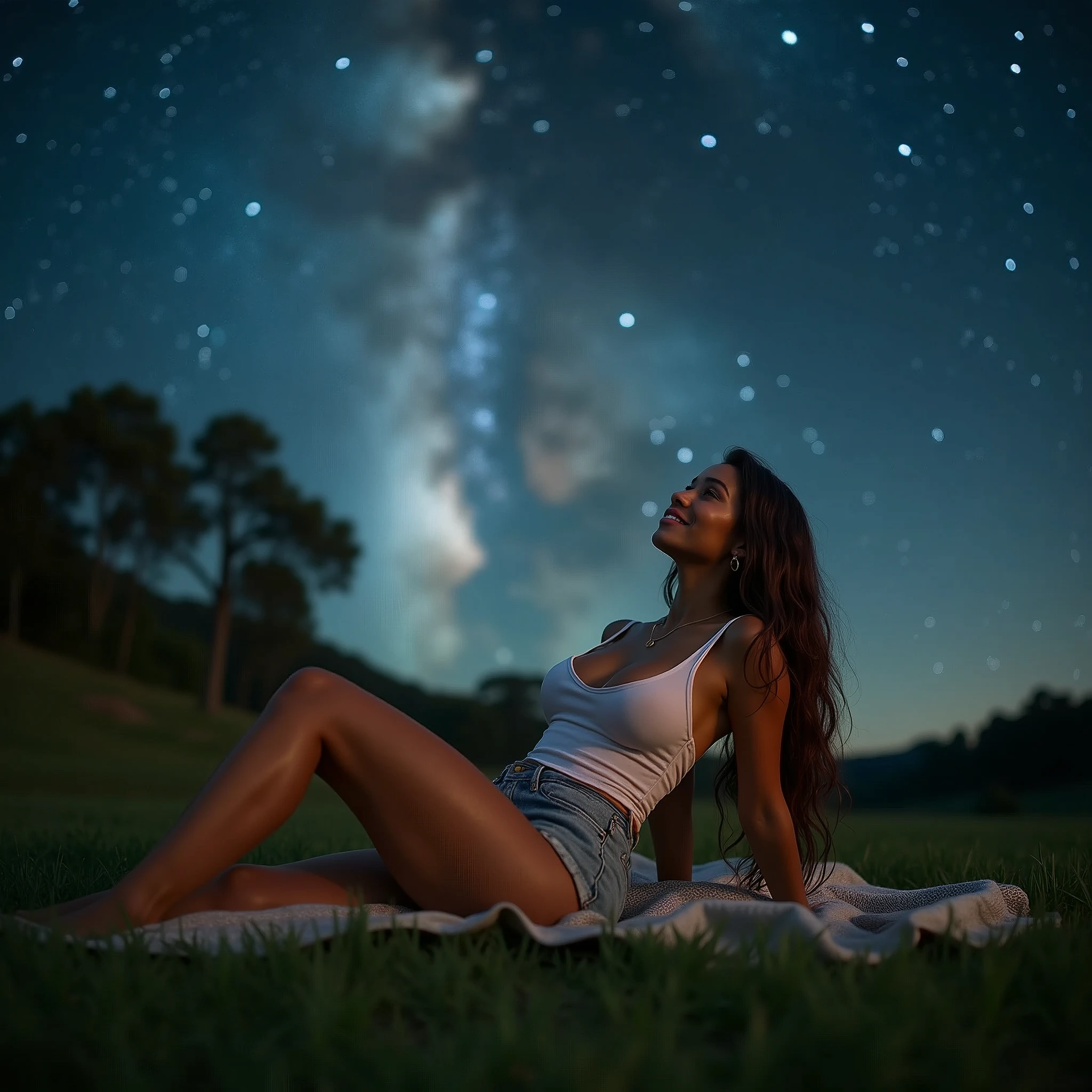 generate a master photograph describing a shapely Woman, a serene summer night sky filled with stars and a clear view of the Milky Way, with a tranquil atmosphere, (8K, best quality), she has a physique like Zendaya, long sleeves, smile, brown hair, black hair, (big chest, small tiny waist, big breasts), half body, lying on a blanket on the grass, gazing up at the stars with a look of wonder, smiling gently, wearing casual home attire, (She has sexy buttocks, Most sexy booty, Most sexy glutes), Womanly, Womancore, (She has fit hips, sexy hips, sexy fit hips, extremely sexy hips), (asian skin, glistening skin, beautiful complexion), shot on Fujifilm superia, (Studio soft light, high detail, cinematic lighting, rim lighting), Style: (hyperrealistic, by DynastySeries FashionNova, photo, {{{masterpiece photography}}}, analog photograph, professional fashion photoshoot, trending on artstation, synthwave, krrrsty), Quality: (photographed, masterpiece, highest resolution), Definition: (highres, sharp focus, 8k uhd, ultra photo-realistic resolution), Film: (80 mm, shot on portra 120, shot on Fujifilm), Resolution: (extremely detailed, (sharp focus:1.5), cinematic lighting, dramatic lighting, ultra photo-realistic), luxury: mohawk hairstyle