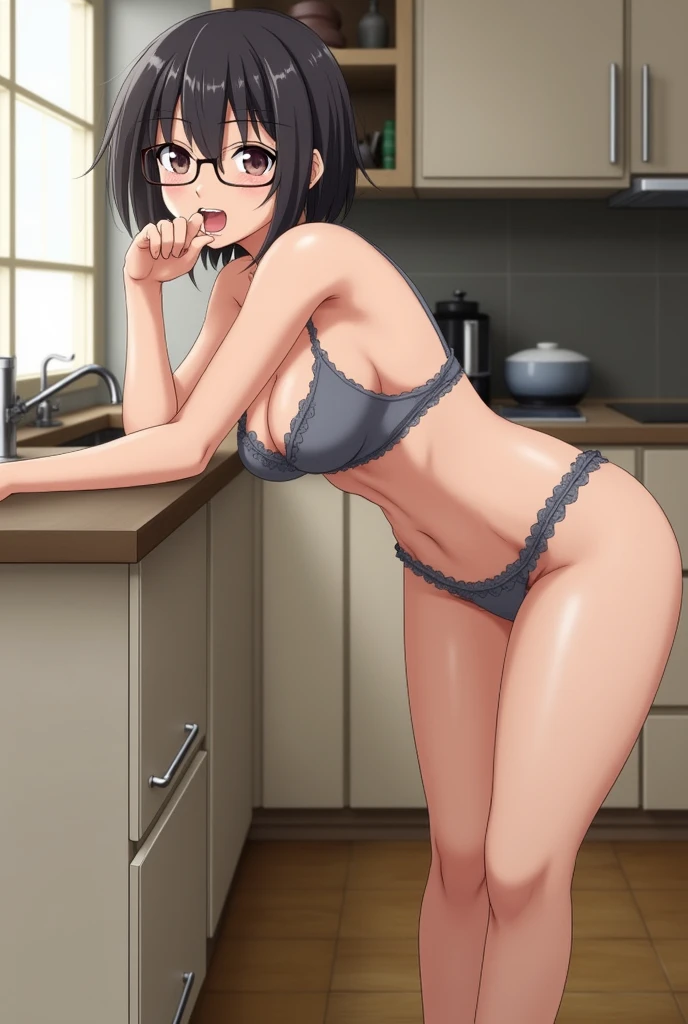 Hinata Hyuga, gray lingerie, kitchen, leaning on the table, sexy glasses, sensual curves, provocative look, biting her lower lip, heels.