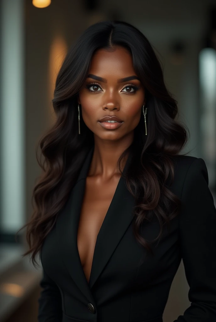 I need to create an entrepreneurial dark-skinned woman with a round face and long wavy dark brown hair, with expressive brown eyes, big nose, Small ears, Medium but pretty mouth, gorda