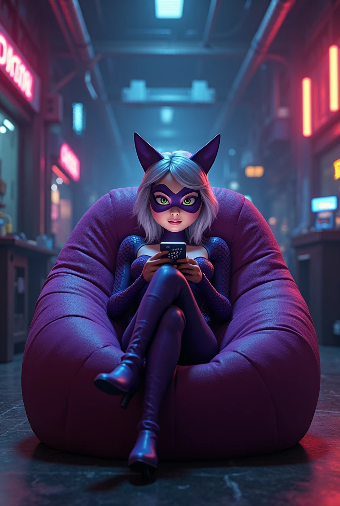 Lady Wi-Fi from the TV show miraculous ladybug sitting on a beanbag chair in Evil lair scrolling on her phone