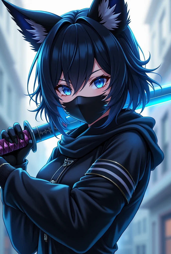 anime girl, black hair, swordswoman, black mask, blue energy, katana, fox ears, black thief outfit