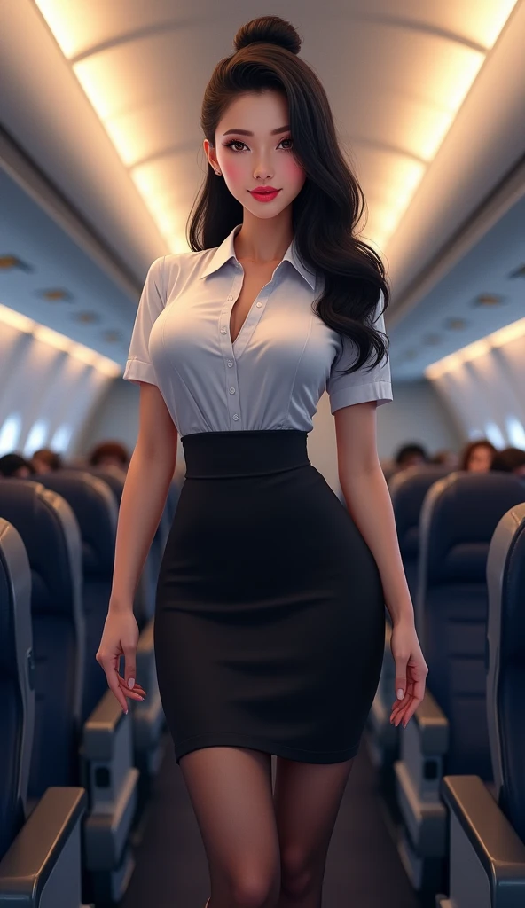 1girl, stewardess, solo, breasts, skirt, large breasts, shirt, black hair, standing, full body, white shirt, short sleeves, pantyhose, parted lips, collared shirt, airplane indoors, miniskirt, black skirt, black footwear, high heels, lips, black pantyhose, single hair bun, pencil skirt, thighband pantyhose, 