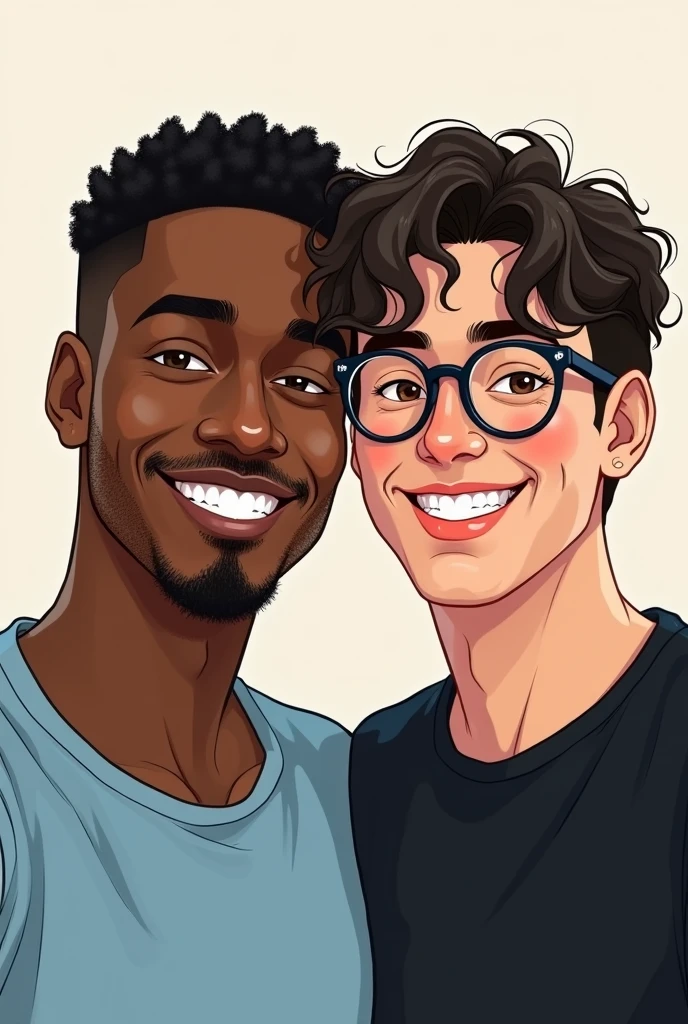 2 friends taking a selfie together a black boy with short black hair, brown eyes, a mustache, a thin goatee and a light blue t-shirt and a white boy with slightly curly black hair, a little big, with round glasses and black frames and a black t-shirt . drawing style