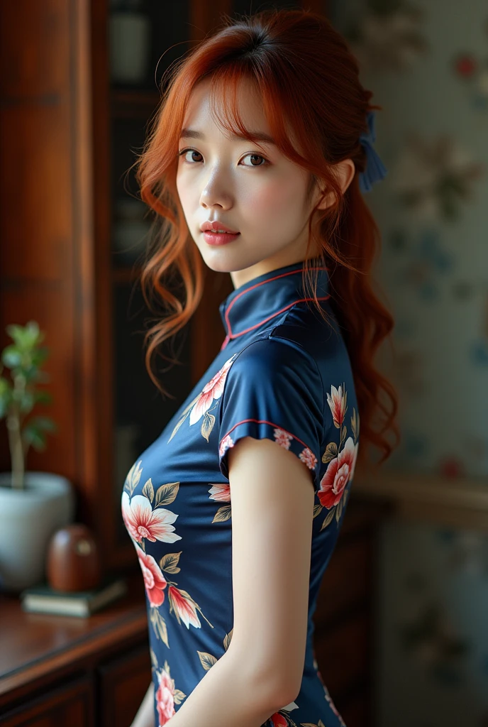beautiful asian woman , red hair with brown roots, looking directly at the camera, very realistic, at home,floral navy blue silk cheongsam, clothes tight against body, clothes too tight, film grain, fit muscular body, clothes too tight, , seductive, sexy, short sleeves, glasses