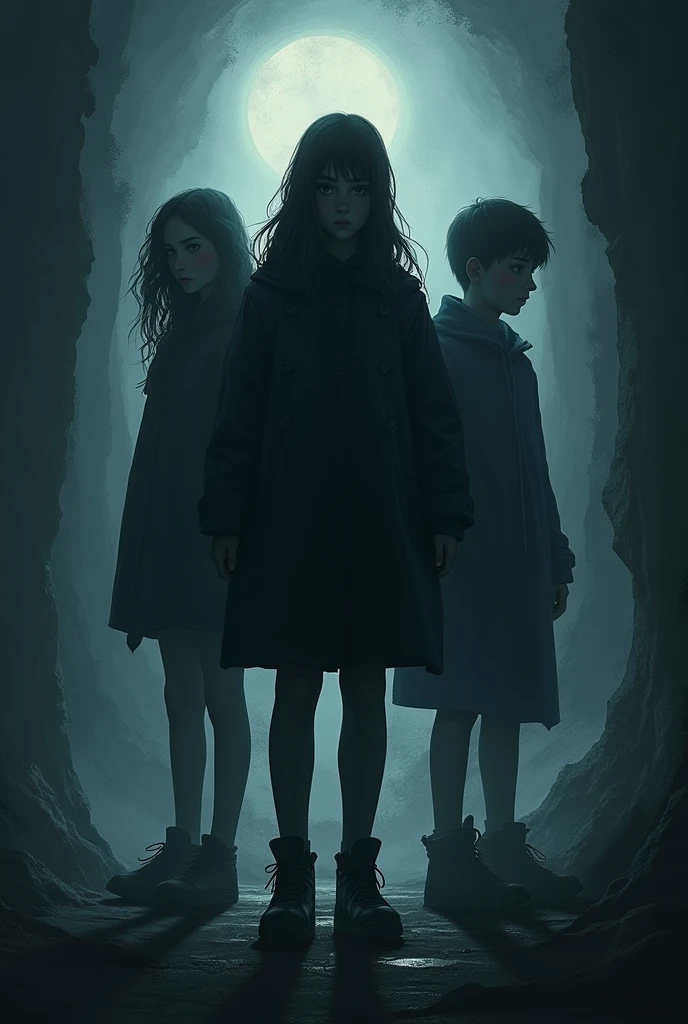 Create an image for the cover of a book called "Hidden Shadow", with 3 young mysterious peoples appearing on the cover, with a dark scene in the background, with no one else appearing, just the 3 young boys, no tree, just a dark atmosphere in the background .