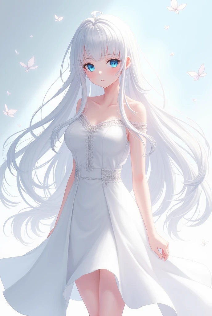 anime girl white hair, blue eye, white top and white skirt
