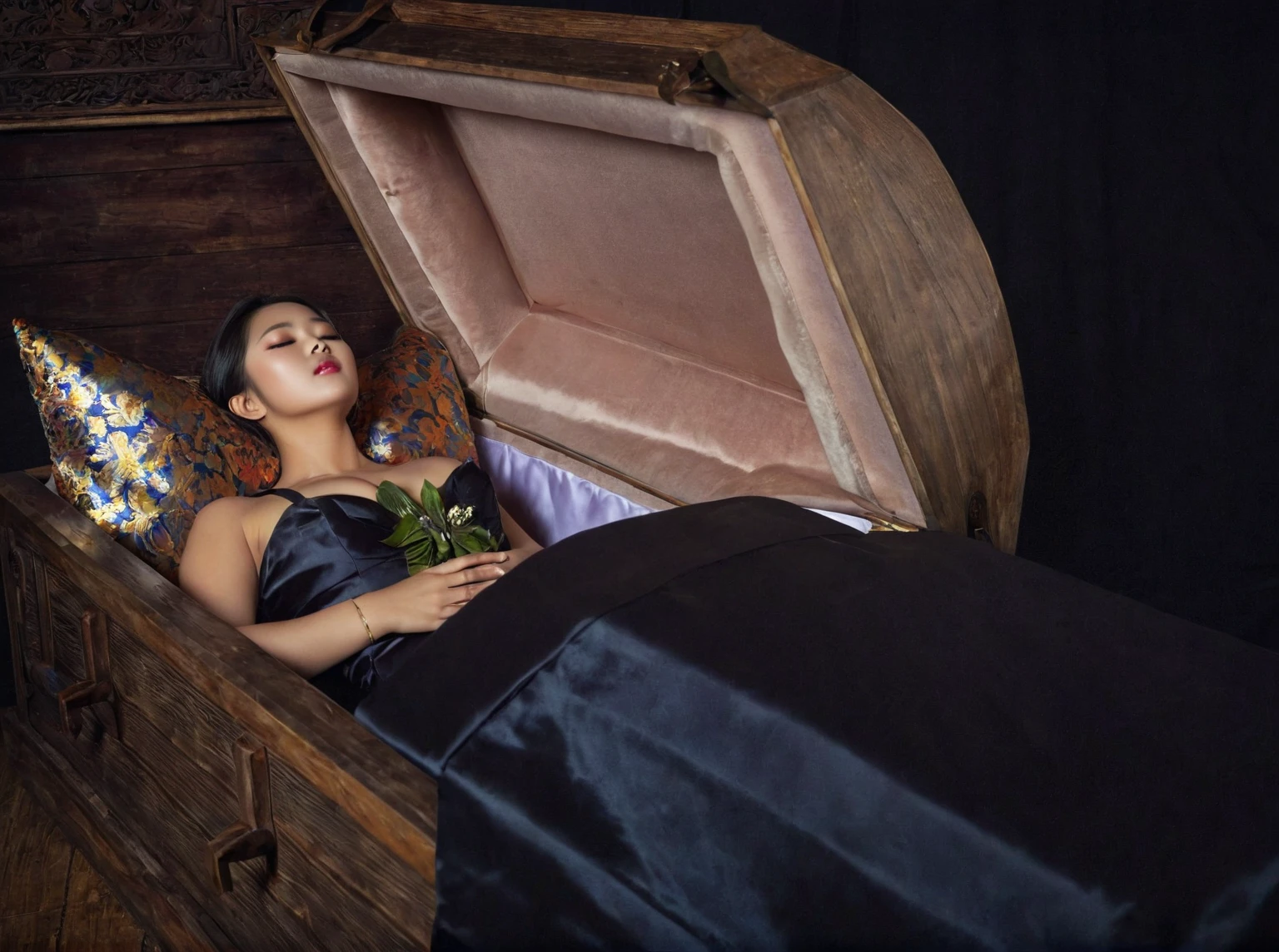 In a striking 8K HDR scene, a stunning Korean woman, 22 years old, lies peacefully in a black coffin surrounded by plush pillows. The deep box is set against a rich black background, accentuating the beauty of the subject. Her exquisite deep-V neckline kebaya attire is embroidered with superb detail, showcasing her round and firm breasts, perfect cleavage, and beautiful eyebrows. Her closed eyes and mouth give an air of serenity, while her visible and absolute cleavage leave nothing to imagination. The scene is bathed in saturated colors, highlighting every intricate aspect from the ball skirt to her clean face, straight body, detailed hand perfect hands, straight body, straight arms, own hands together, own hand on stomach.