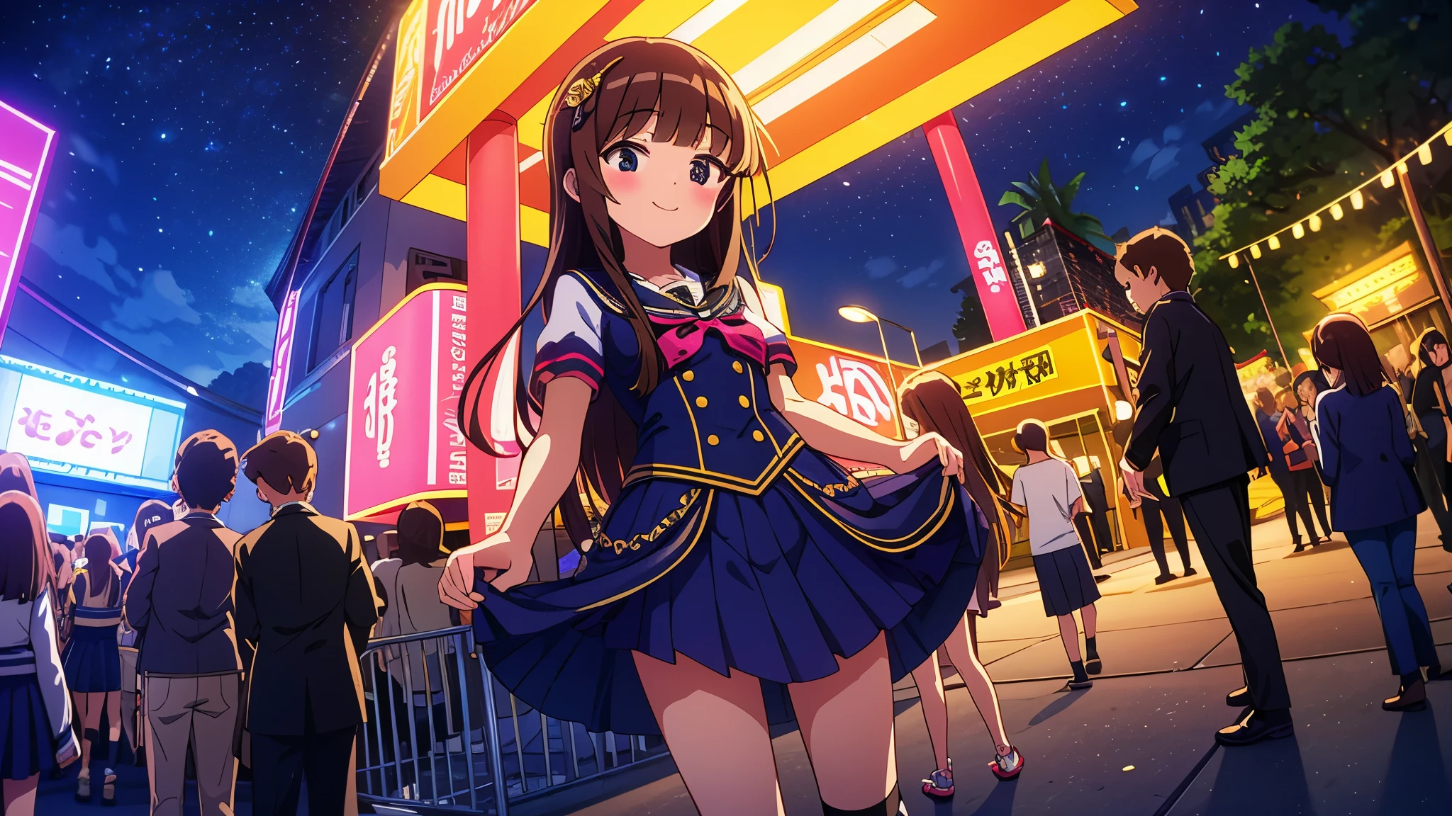 {Of the highest quality], [Super beautiful], [Ultra Fine], [best illustration], NSFW,Brown hair, hime cut, by the width, with bangs, Girl,high school student,uniform,tissue,short sleeve,Skirt,smile, blush, Thin women, adult women,standing posture,(public),night park,summer festival,diagonal, Navy Blue Knee High Socks,black bread