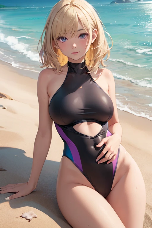 (masterpiece, Best Quality, High resolution),(4k) 1 girl, blonde, violet and black swimsuit, in the stomach, lying, looking at the viewer, beach landscape