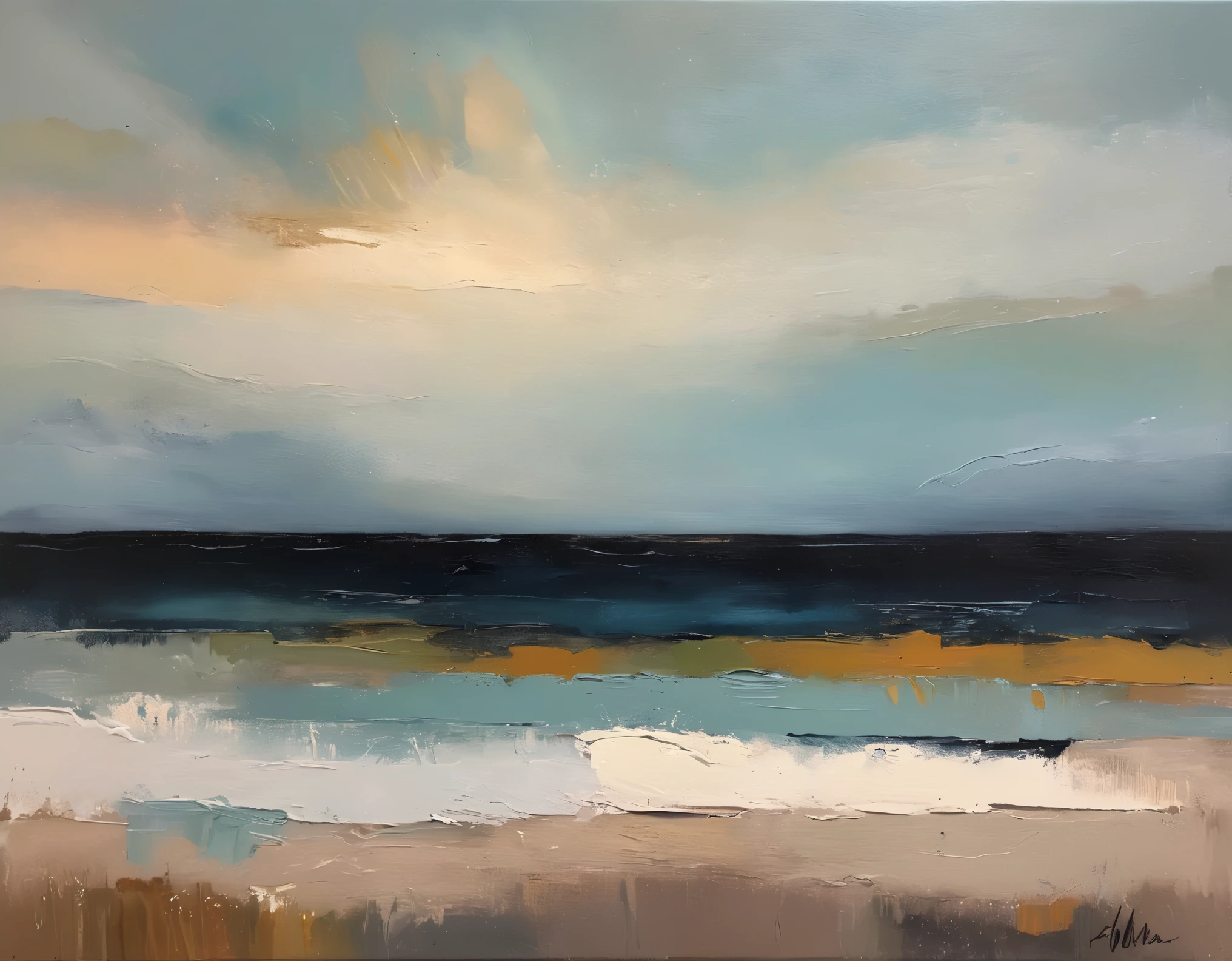 Create a plain canvas, evocative background using the expressive and textured brushstrokes abstract Use a muted color palette with subtle variations in tone to create depth and visual interest. Focus on the tactile quality of the oil paint, incorporating gentle gradients and soft transitions between colors. Allow the brushstrokes to remain visible, adding a sense of raw emotion and intimacy to the background. seaside