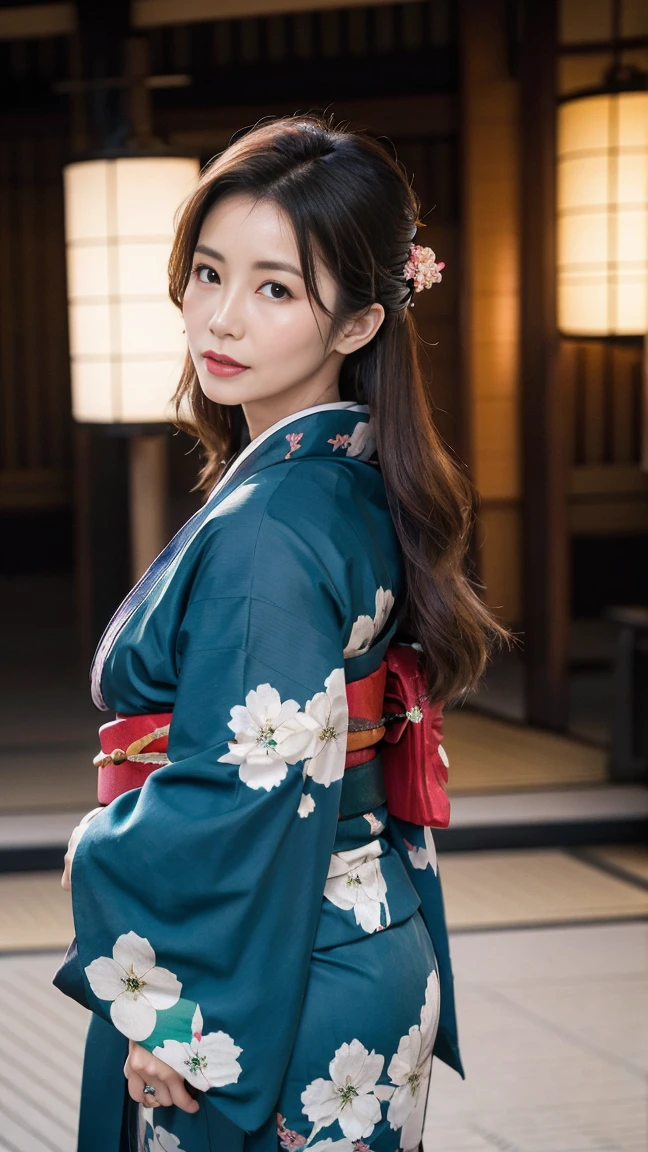 Mature attractive sexy woman,50 years old, ((kimono)),green、(((kimono))),closure,,(Facial wrinkles:1.3),light makeup,Light brown hair,Long Hair,(Full body photo:0.85),(Emphasize big buttocks),8k, Original photo, Highest quality, masterpiece,Highest quality、audience'Eyes、Hairstyle is free、Front of the face,(((kimono、yukata)))、Cleavage、Perfect body、Perfect Fingers