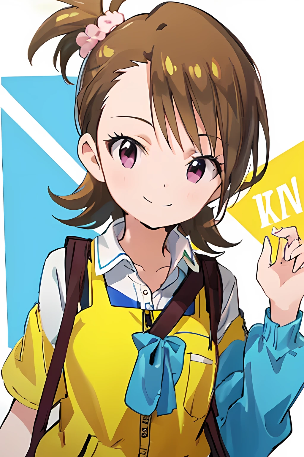 1girl、ami futami、yellow vest、(UHD)、smile、upper body、8k、simple background、looking at viewer