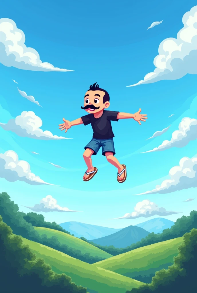Create a pixel art boy who is flying in the blue sky with clouds and green trees below. This boy has a mustache and a black shaved head. This boy is wearing a black t-shirt, short blue shorts and white flip flops.