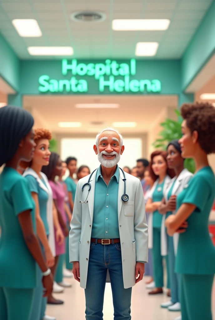 Create the image of a man of average height, medium body, 80 years old with a short white beard, friendly face and doctor&#39;s dress with light blue dress shirt and jeans underneath the lab coat. In the background of the image, a medical center with the name &#39;Hospital Santa Helena&#39; should appear in green and red.. The man must be surrounded by 15 health and hygiene professionals with dark and white skin tones.. The image must be in Disney or Pixar layout.