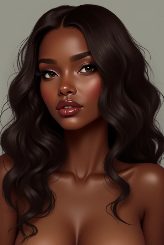 I need to create a chocolate skinned woman, round face with long wavy dark brown hair, with expressive brown eyes, big nose, Small ears, Medium but pretty mouth, gorda