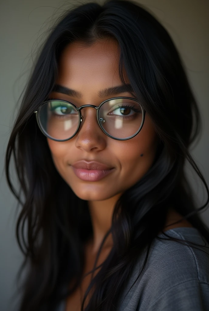 Young woman with dark skin, damaged hair, long and black. semi thin lips, Dark brown almond-shaped eyes, a small mole on the cheek, small, slightly round nose and small, semi-round glasses