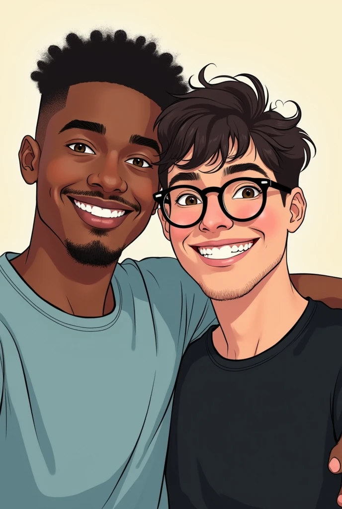 2 friends taking a selfie together a black boy with short black hair, brown eyes, a mustache, a thin goatee and a light blue t-shirt and a white boy with slightly curly black hair, a little big, with round glasses and black frames and a black t-shirt . drawing style