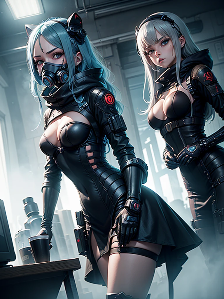View from below angle from below Girl Android mechanical prostheses, girl with long blue hair woman with sexy hips half cyborg modifications Beautiful sad girl with respirator gas mask on her face, blue eyes stands in full growth Anime Style black background Cyberpunk style, черный фон изображения светло голубые smokeовые шашки, smoke, smokeовая завеса, облака smokeа и синие неоновые огни флюоресцентные лампы