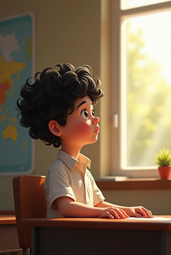 make a picture of a white boy, with wavy black hair , Sitting in a classroom. He is sitting near a large window looking outside., through which sunlight enters, creating a soft glow on your face. The boy stares out of the window, with a calm look The reflection of the sunlight in the window illuminates her face and highlights the texture of her slightly curly hair. The image is simple, just containing him with his chair and school desk organized and some walls decorated with schoolwork and maps. The scene conveys a moment of calm and introspection., with the sunlight adding a touch of serenity and calm to the moment.