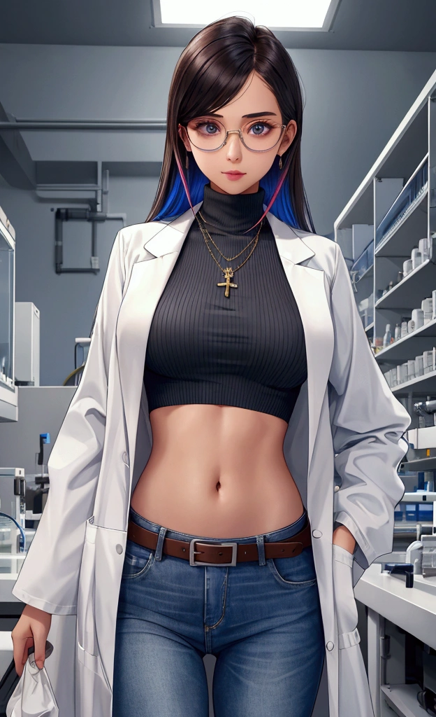 Girl in Laboratory, Turtle-neck, lab coat, showing navel, belt, Exposing the abdomen below the navel, well-dressed, glasses, blue jean, laboratory